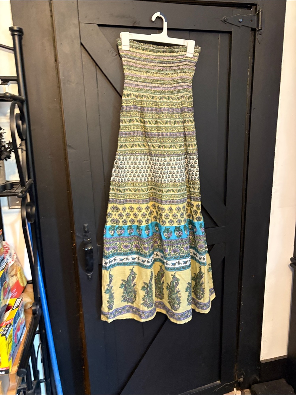 Fashion Magazine Strapless Boho Maxi Dress in Yellow, Teal, Green and Purple